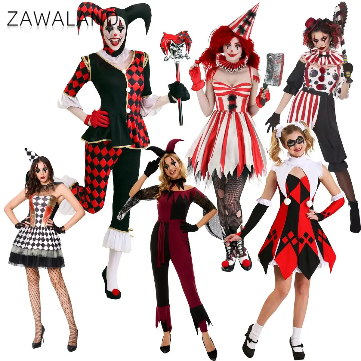 Zawaland Halloween Clown Costumes Woman Cosplay Dresses Diamond Print Red Suits Carnival Party Clothes Lady Fancy Disguise Wear