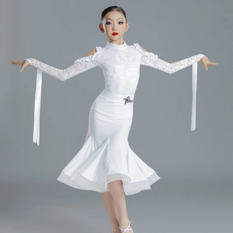 Kids Latin Dance Dress Girls White Lace Ballroom Dance Competition Dress Long Sleeves Practice Clothing Tops Skirt Sets BL14545