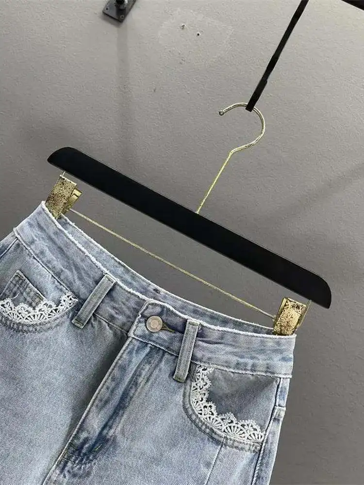 ارتفاع الخصر الدانتيل تقليم شق الدنيم ميدي تنورة المرأة Sli التخسيس مستقيم صالح Bodycon تنورة الكورية Sle مزيج القطن