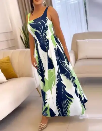 

Summer Leisure Vacation Style Leaf Print Square Neck Sleeveless Vest Dress for Women, Elegant and Casual A-Line Dress