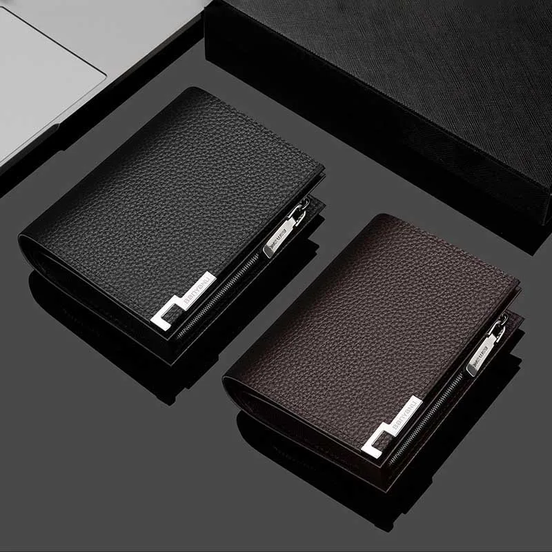 Men Short Zipper Wallet Genuine Cowhide Leather Multifunctional Large Capacity Card Case All In One Leather Billfold