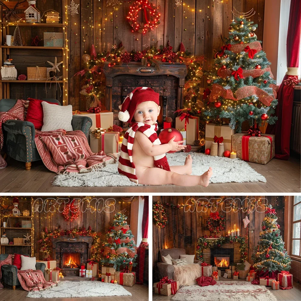 Christmas Decoration Backdrop Christmas Tree Warm Room Soft Sofa Gift Fireplace Photography Background Photo Studio Photocall