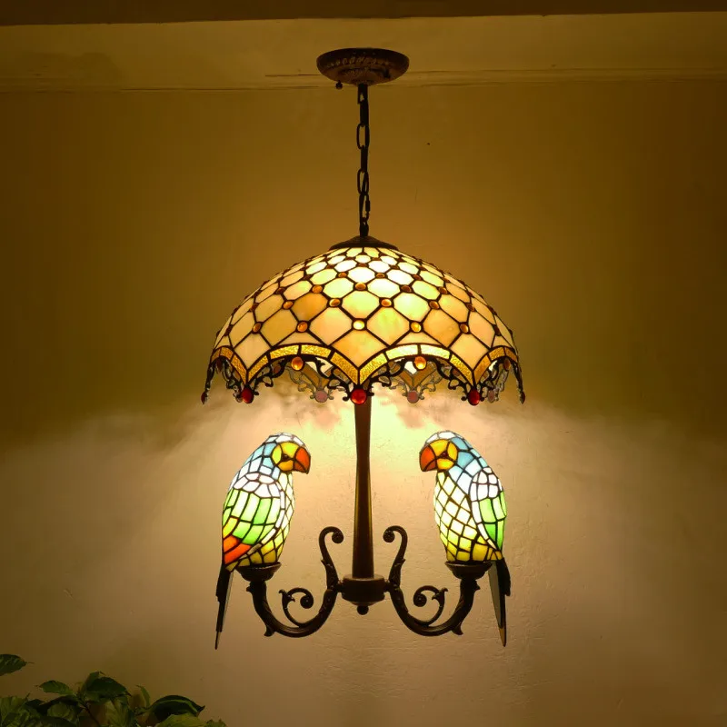 

OUFULA Tiffany Parrot Chandelier Vintage Creative Color Glass Living Room restaurant Bedroom Hotel Corridor Pendant Lamp