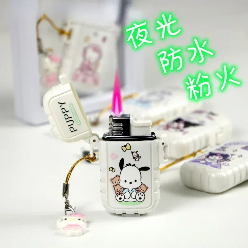 cute Cinnamoroll Pochacco Kuromi Hello kitty new creative cartoon luminous waterproof and windproof pink flame lighter