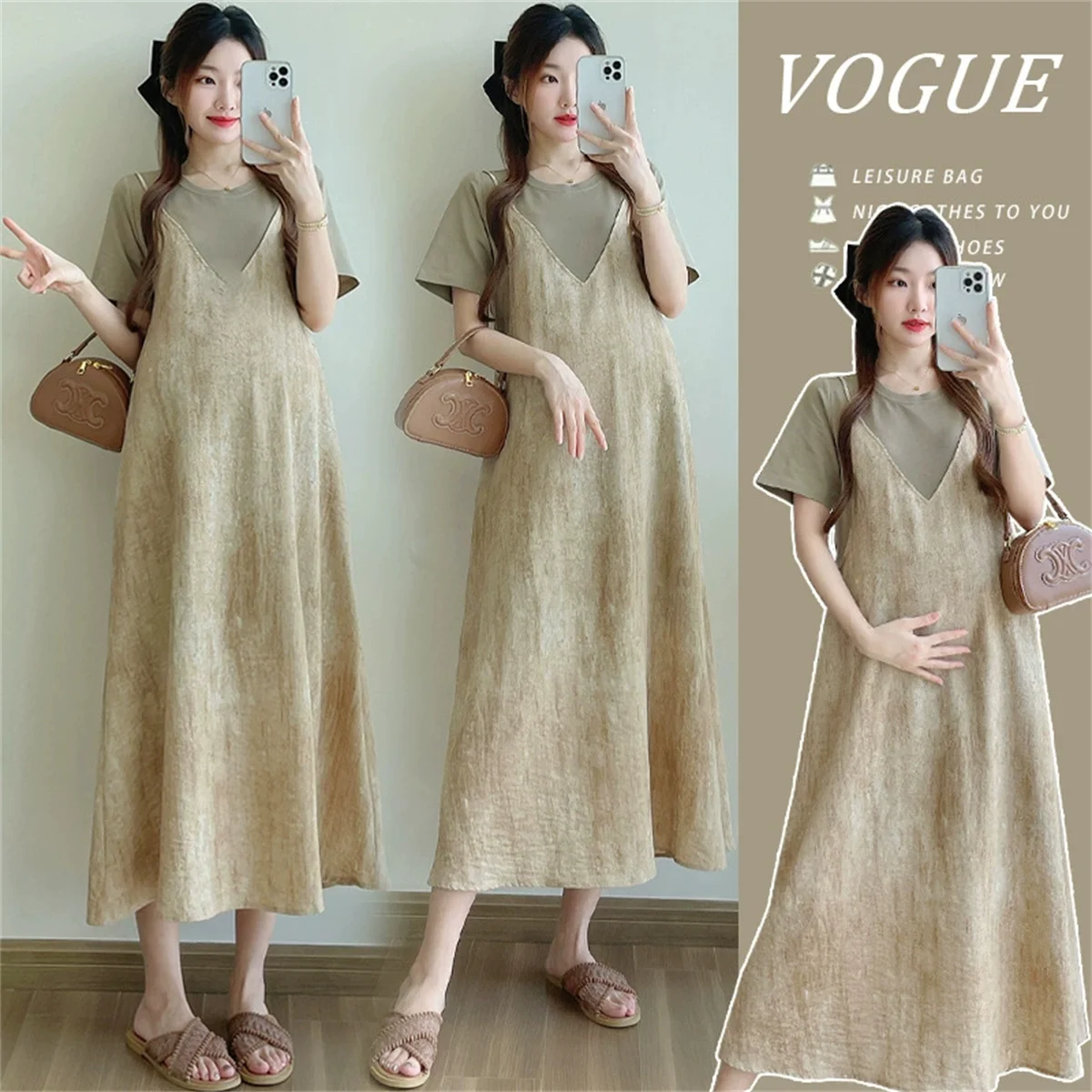

2025 Summer maternity dress, cotton and linen summer vacation two-piece dress, loose short-sleeved plus-size dress