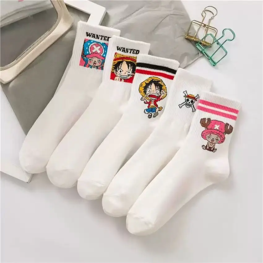 5 Paar One Piece Anime Socken Luffy Kurz geschnittene bedruckte weiße Baumwollsocken mit Rundhalsausschnitt Unisex Casual Harajuku Paar Street Socken – Detail 2