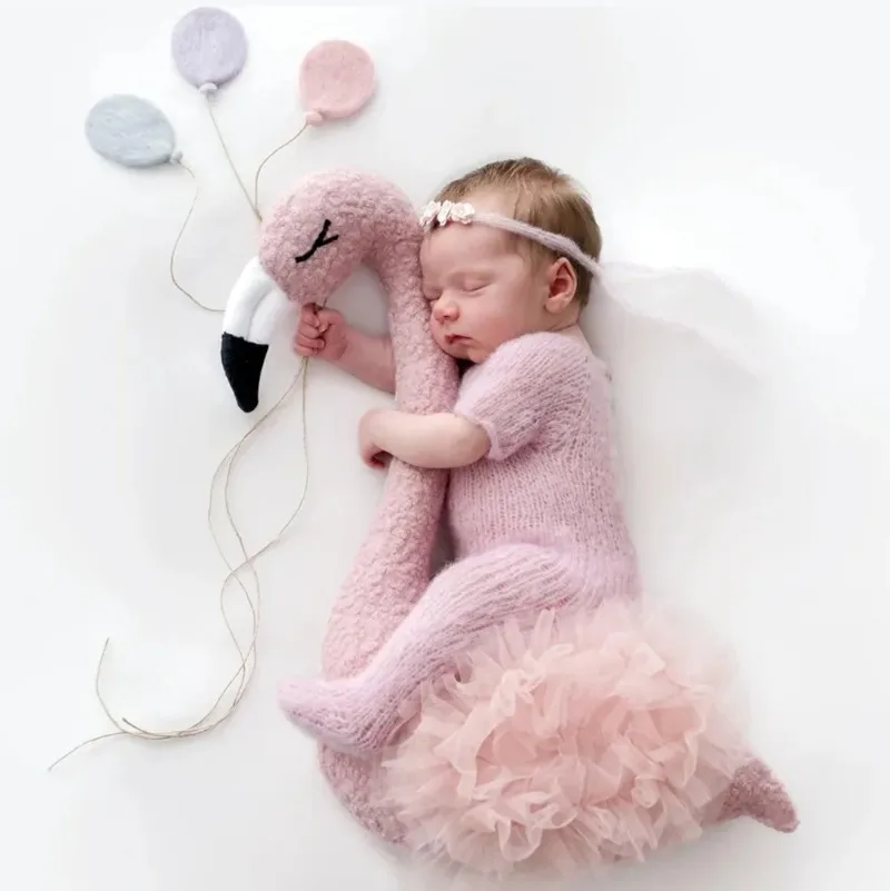 Newborn Photography Props Soft Flamingo Modeling Pillow+Lace Fluffy Yarn Cushion 2pcs/set Baby Fotografia Photo Shooting Props