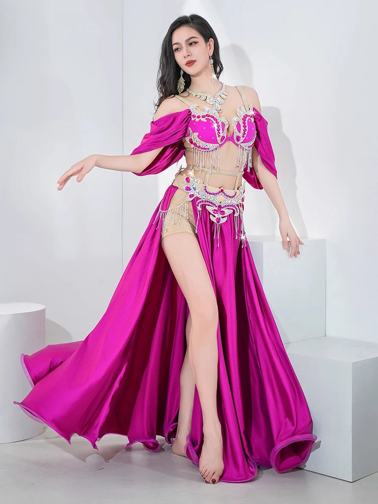 Nuovo stile costume da spettacolo di danza del ventre doppia fessura splendida gonna ampia altalena vestito da competizione di gruppo di danza orientale