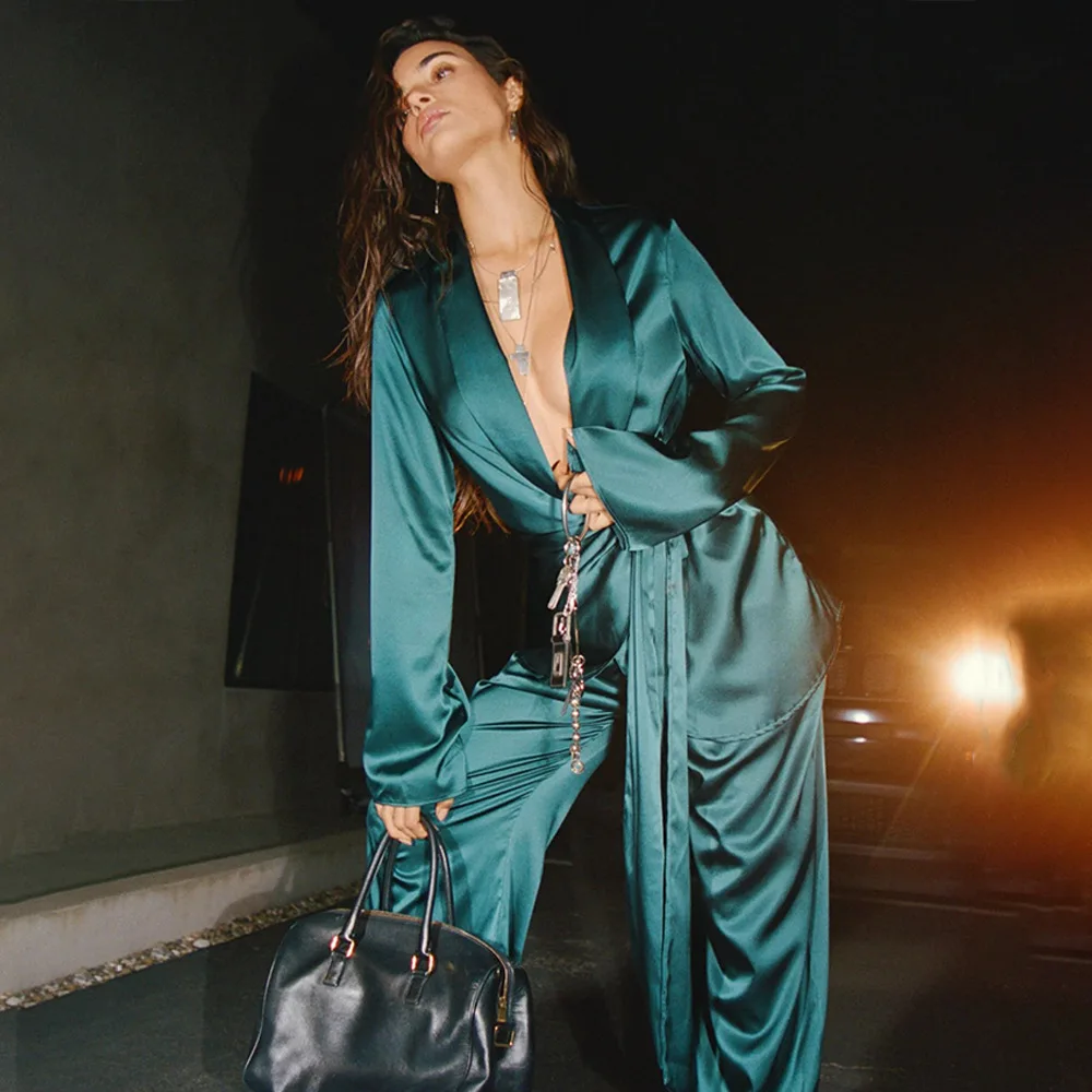 Satin Sexy Deep V-neck Lace Up Women Coat Black Long Sleeve Notched Collar Tops Female Autumn Slim Casual Streetwear