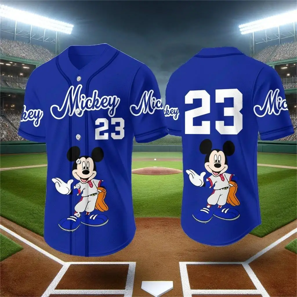 Miniso 2024 New Cute Baseball T-Shirt Mickey Mouse Print Children Adult Fashion Cartoon Button Baseball Uniform Children\'s Tops