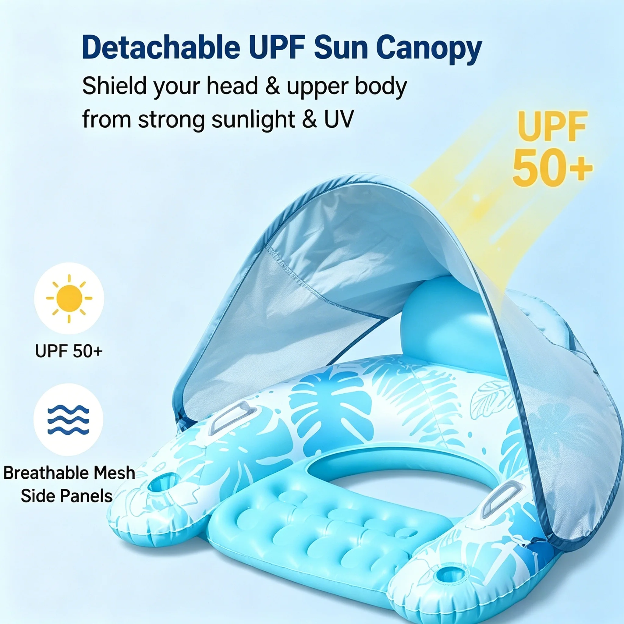Inflatable Pool Float Lounge with Sun Canopy U-Shaped Water Floating Recliner Chair with Cup Holders  Raft for Pool Beach