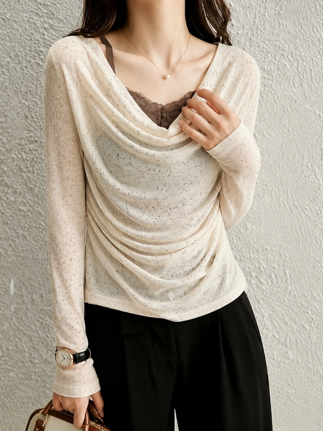 Fall 2026 New Versatile Slim Long Sleeve T-Shirt Maturity Fashion Design Collarless Top Korean Style Straight Cut Silk Women'...