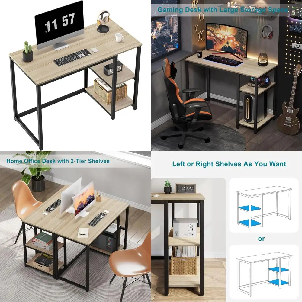 

Modern Light Wood 40 Gaming Desk with Storage, Sturdy Oak Laptop Desk for Study and Writing, Roomy Shelves