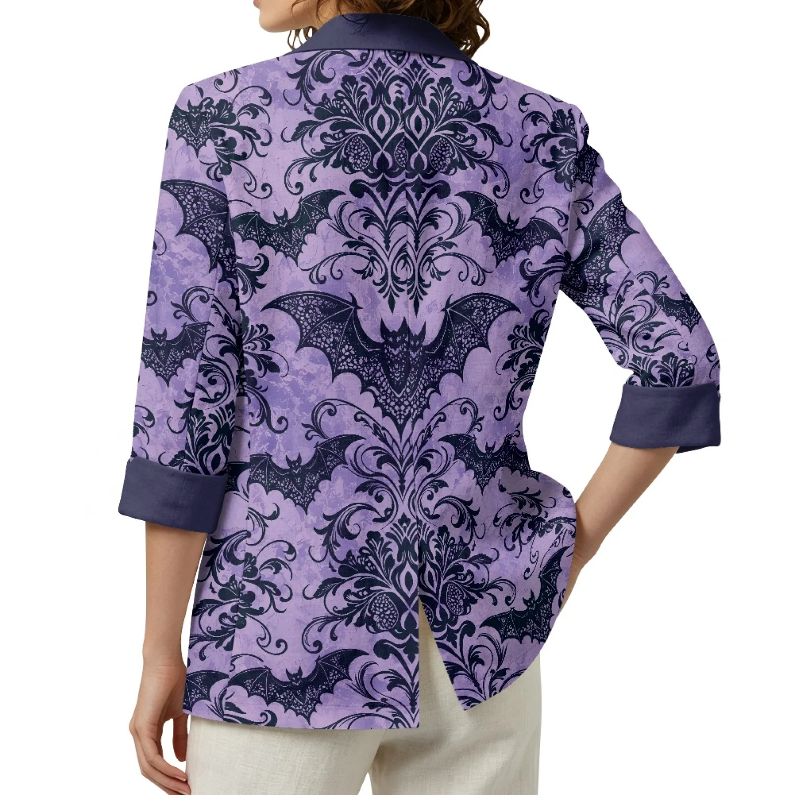 PENSTROLL Halloween Women's Linen Like Blazer with Bat Damask Pattern, Open Front Outerwear for Work and Vacation, Sizes S-3XL view 2