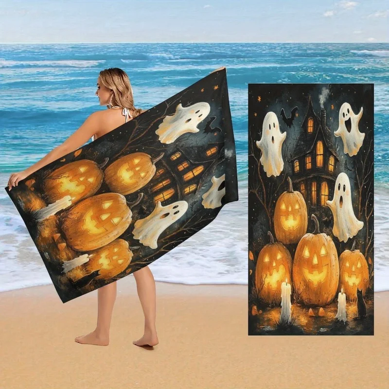 Newest Beach Towel Vintage Haunted House Pumpkin Ghost Bat Oil Painting Print Beach Towel Absorbent Microfiber Pool Towel