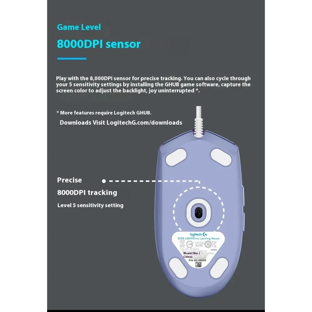 LogitechG102/G203gaming mouse:8000DPI high-sensitivity sensor,RGB lighting ignites the battlefield,6-button programmable slip