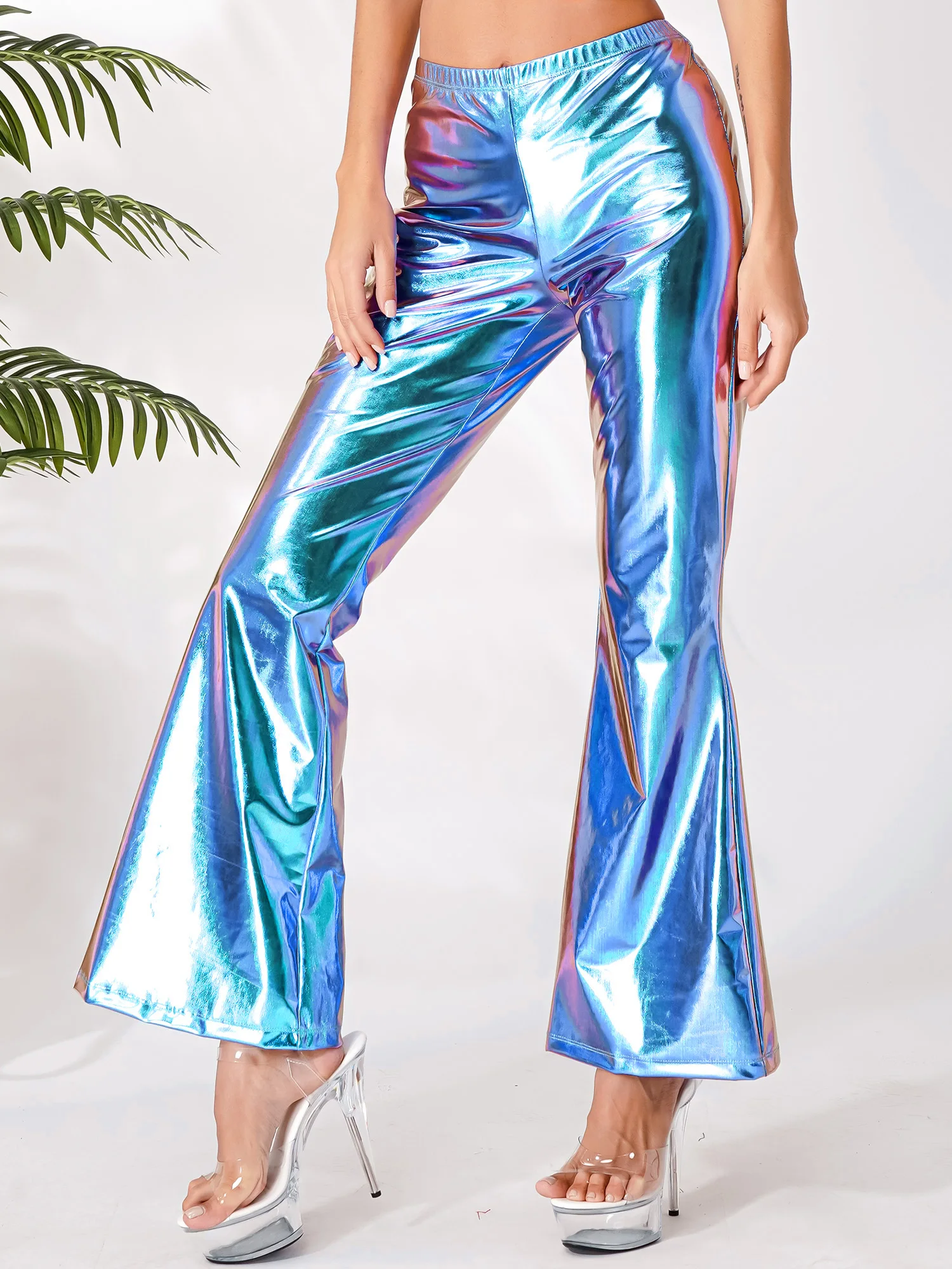 

Womens 70s 80s Disco Dance Pants Hippie Costume Mermaid Pants Metallic High Waist Ruffle Trim Flared Pants Bell Bottoms Trousers