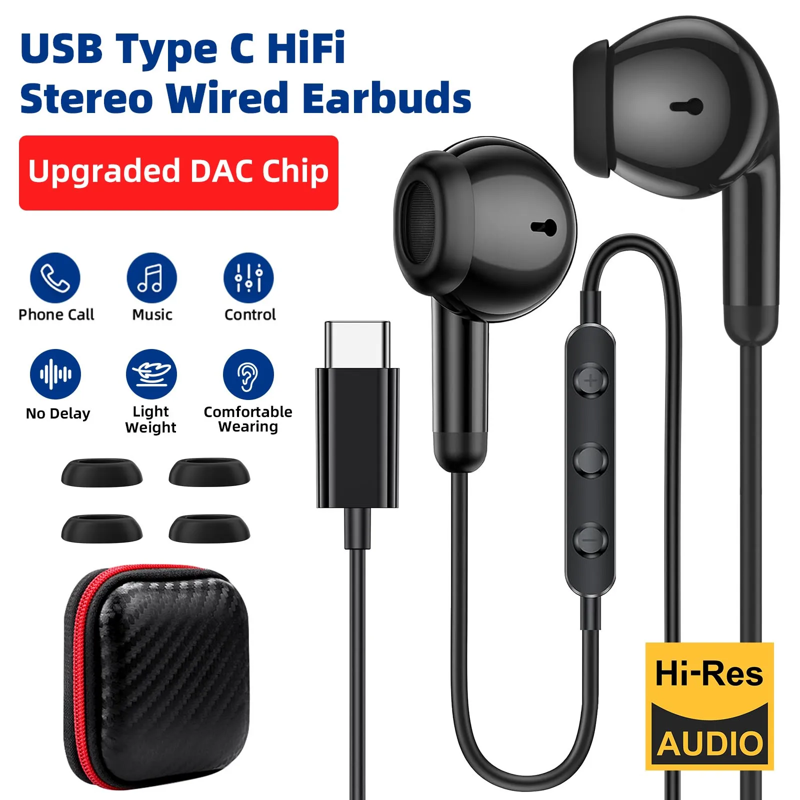 

USB C Earbuds for iPhone 16 15 Pixel 9 Type C Wired Earphones with Microphone Volume Control Noise Isolating HiFi DAC Headphones