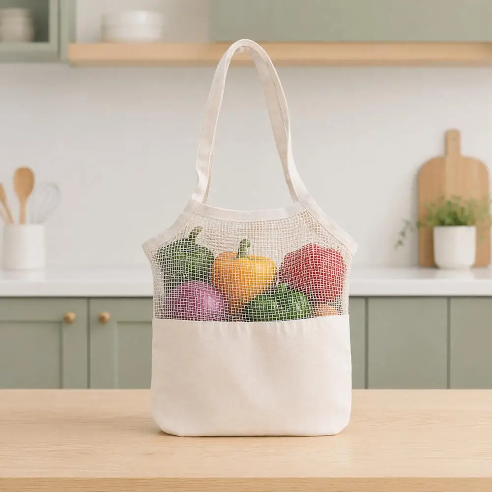 Washable Shopping Tote Canvas Shopping Bag with Breathable Mesh Splicing Design Reinforced Straps Grocery Tote Long Handle