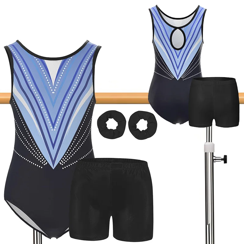 Girls 4pc Gymnastic Leotards Athletic Biketard Unitard Tumbling Activewear Outfits for Kids (No Diamond)