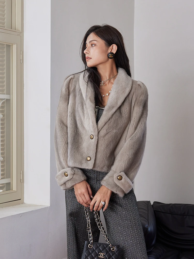 

Модная женская короткая куртка из натурального меха норки Young Fashionable Purple Label Swan Velvet с воротником-стойкой и рукавами-фонариками, утепленная мехом кролика.