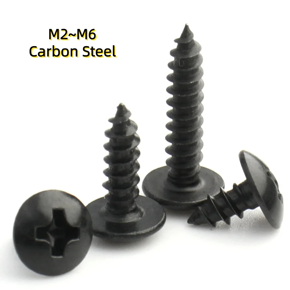 10/50/100pcs M2~M6 Black Carbon Steel Phillips Truss Head Cross Recessed Mushroom Head Self Tapping Screws