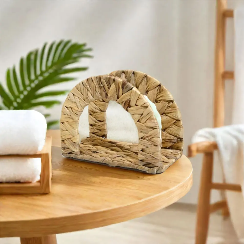 

Handmade Woven Napkin Holder Non-slip Bottom Decorative Straw Tissue Dispenser Multi-purpose Space Saving Woven Coaster Stand