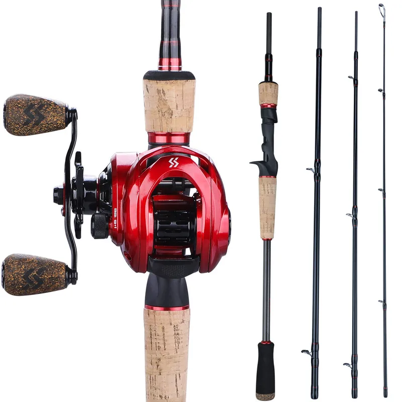 Sougayilang Fishing Rod Reel Combo 2.1M 4Sections Carbon Fiber Casting Fishing Rod with 9+1BB 8:1 Baitcasting Reel Pesca