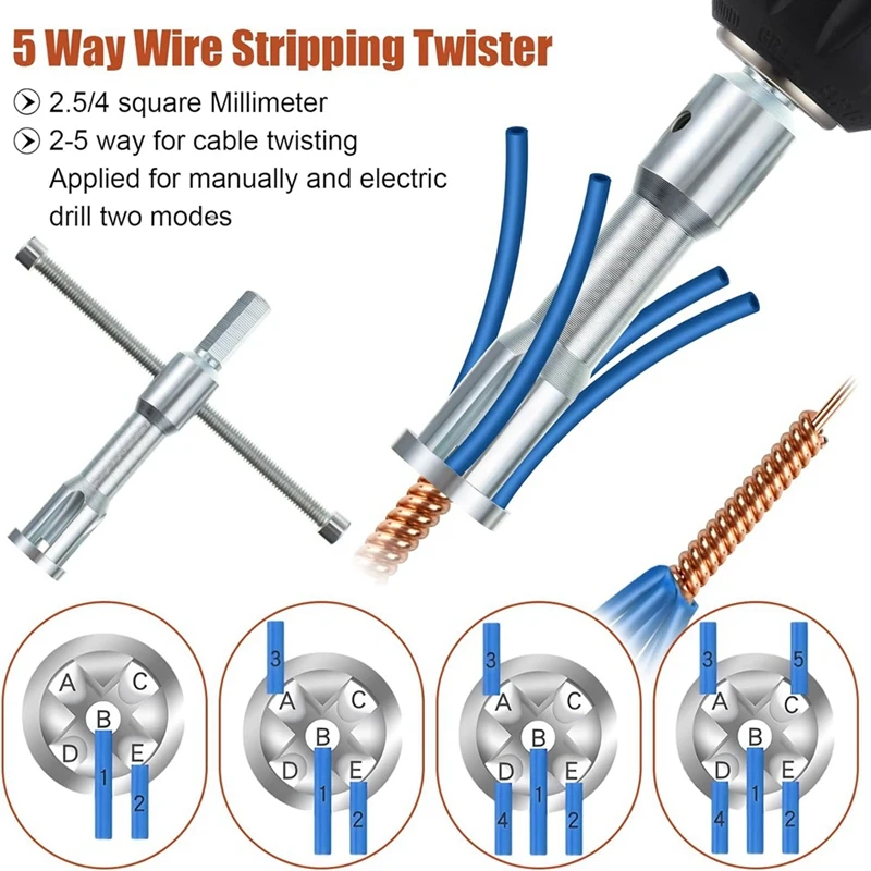 Wire Twisting Tool 3 Way/ 5 Way Wire Stripping Tool And 6Mm Hex Shank Cable Twister Tool, For Power Drill Drivers