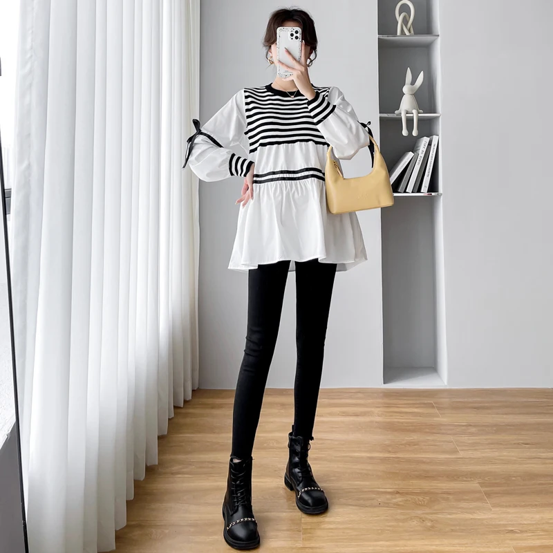 Korean Style Spring Autumn Loose Stripe Pregnant Women Cotton Shirts Plus Size Maternity Clothes Black White Patchwork Blouses