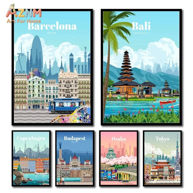 Vintage World City Travel Wall Art Amsterdam Beijing Bali Canvas Poster Retro Travel Apartment Cafe Decor Unframed