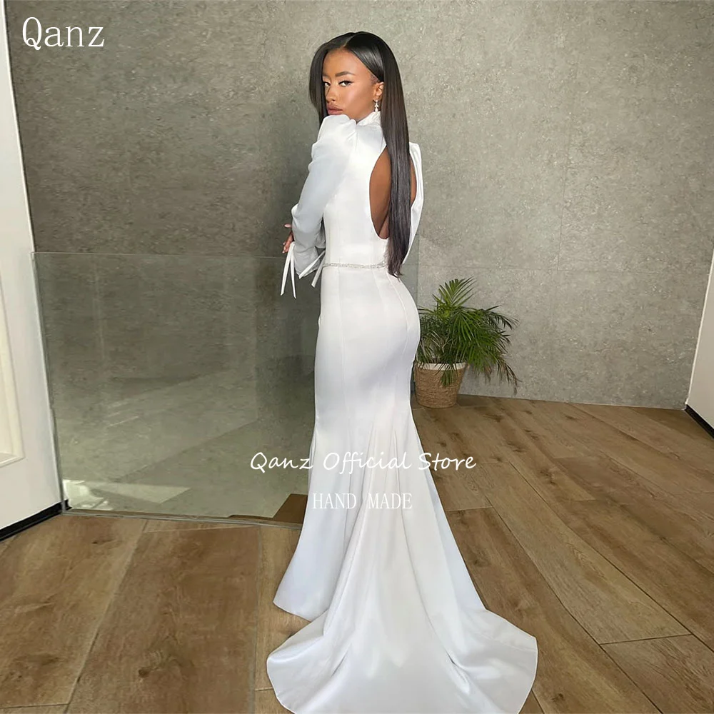 Qanz Vintage Italian Satin Wedding Dress Long Sleeve Mermaid Vestidos De Novia Open Back Deeep V Neck Rochie De Mirea Customized