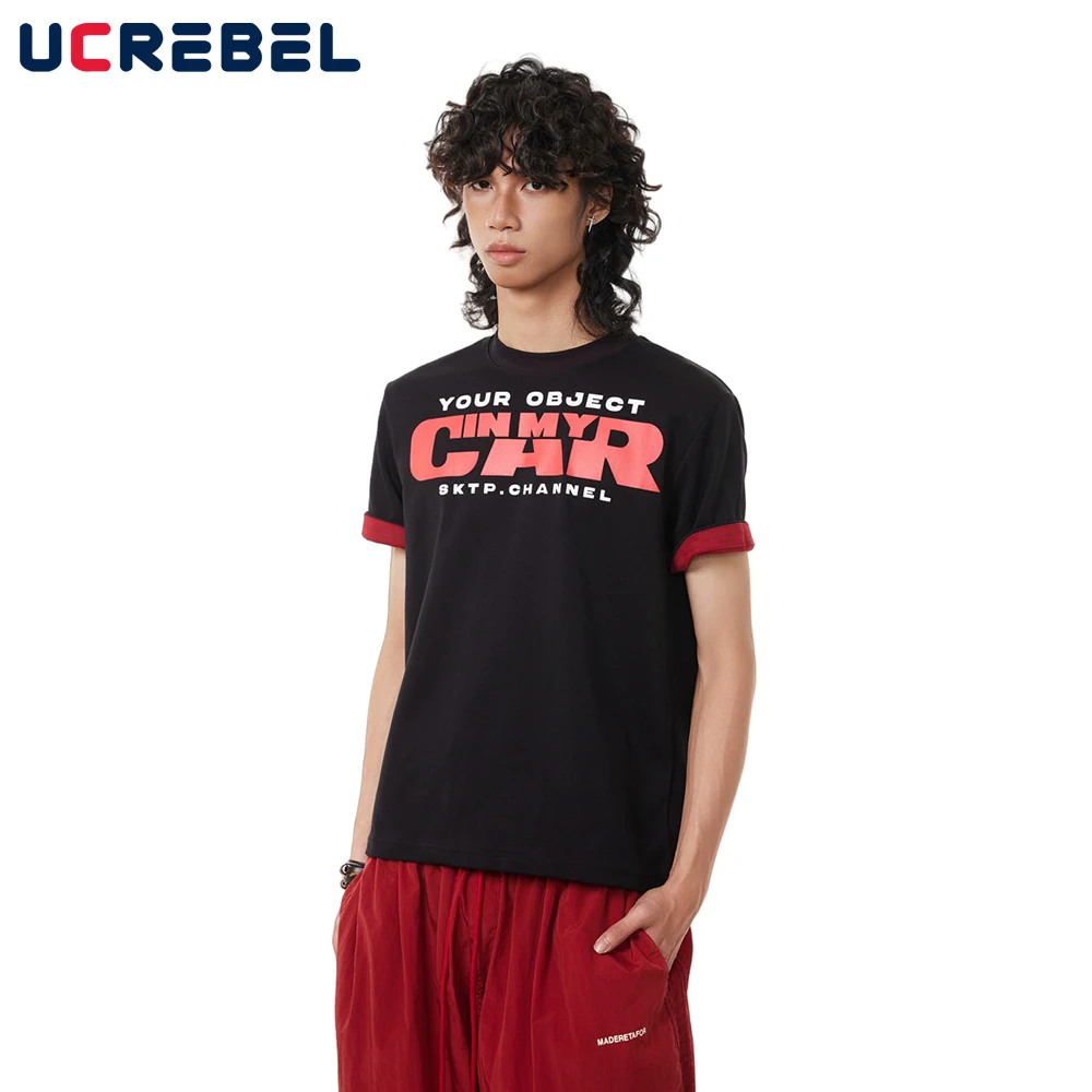 

Contrast Paneled Letter Short Sleeve T-shirt Mens Letter Print Retro High Street Straight Shoulder Crew Neck Tee Men Tshirt
