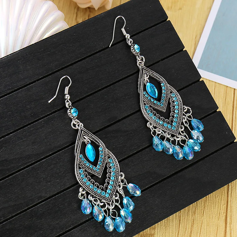 Vintage Chinese Style Crystal Bead Tassel Earrings for Women Long Elegant Hollow Rhinestone Dangle Silver Color Earring Jewelry