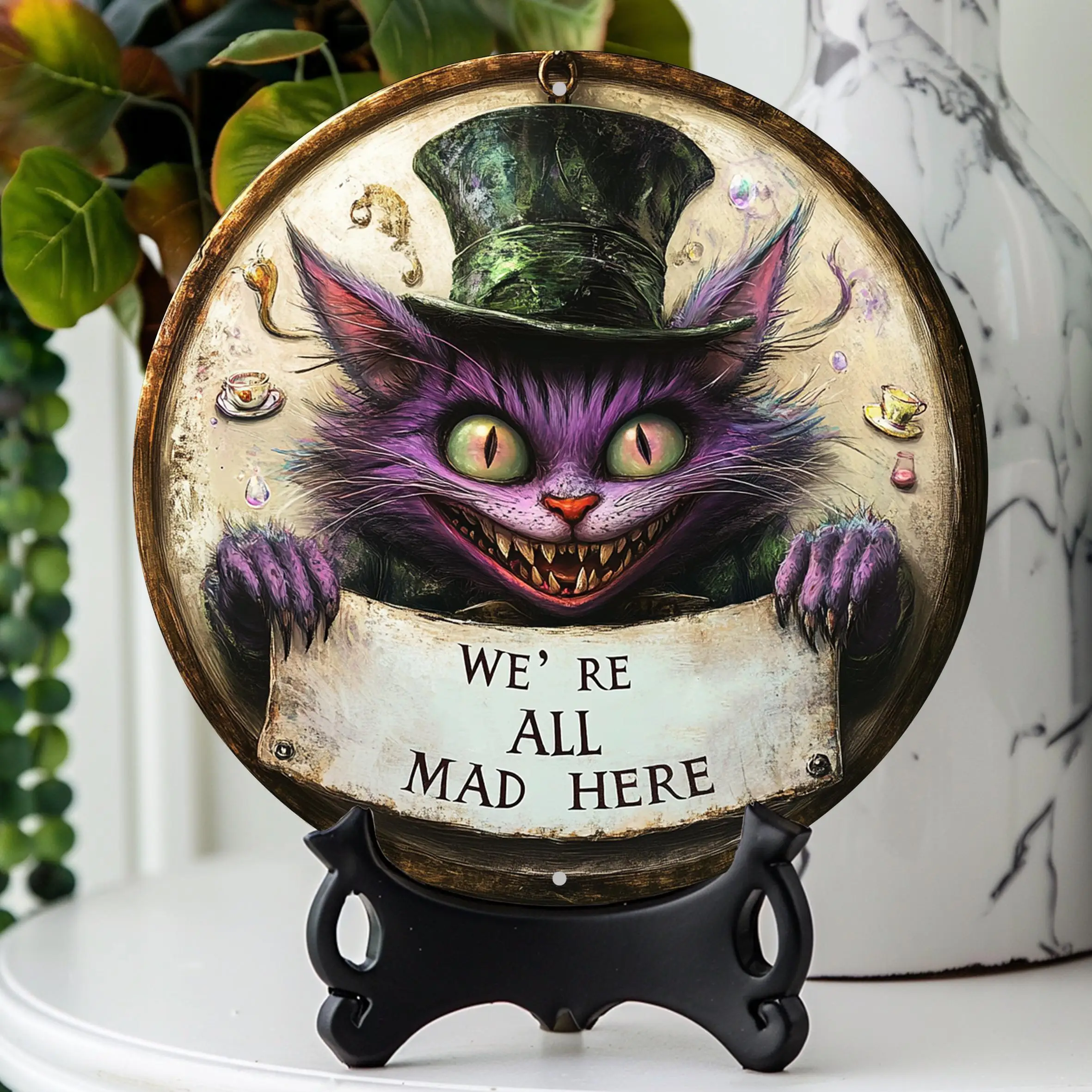 [2D Flat] 1pc Cheshire Cat Whimsical Metal Wall Art - Vintage Round Aluminum Sign with "We're All Mad Here" Design, Purple Creat view 4