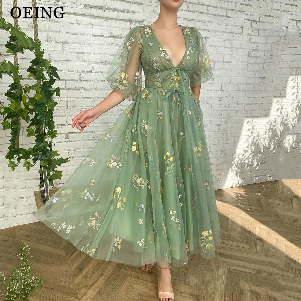 OEING Green A-LINE Evening Dresses Fairy Flowers Appliques V Neck Tea Length Short Sleeves Prom Dress For Special Occasion