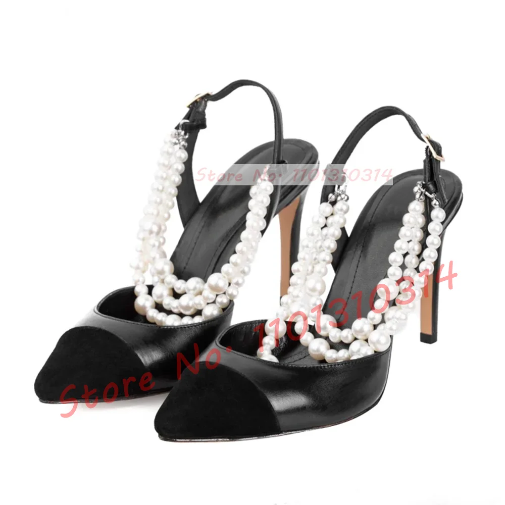 Pearl Chain Back Strap Sandals Women Elegant Black Splicing Pointed Toe Party Dress High Heels Ladies Summer Fashion New Shoes