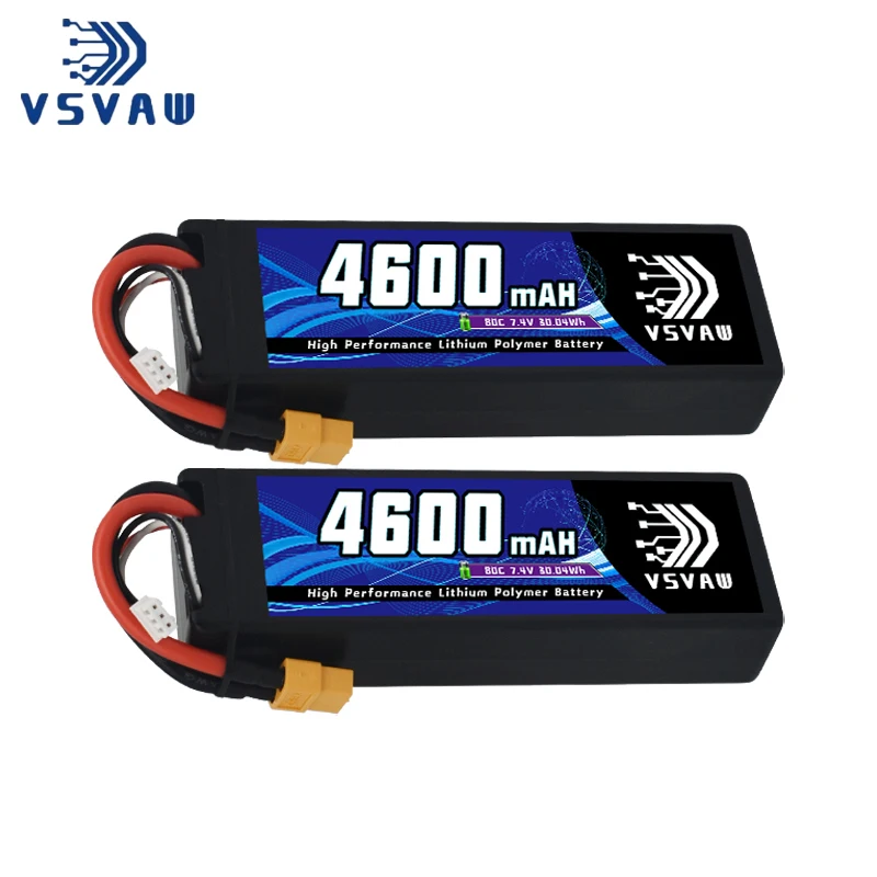 2Pcs VSVAW 2S 7.4V Lipo Battery 4600mAh 80C Hardcase with T Plug for RC Car 1/10 Boats FPV Drones RC Models Parts-Premium Series