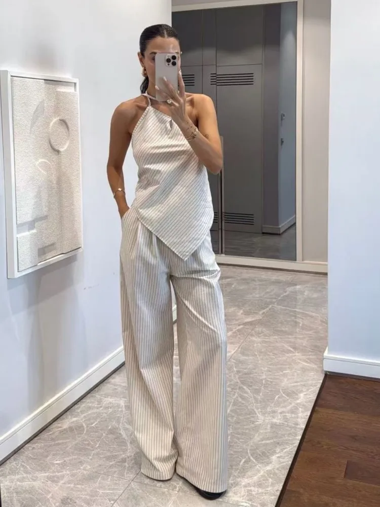 

Simple Stripe Pants Sets Women Fashion Irregular Backless Leace-up Halter Neck Tops Trousers Two Piece Set Female Streetwear