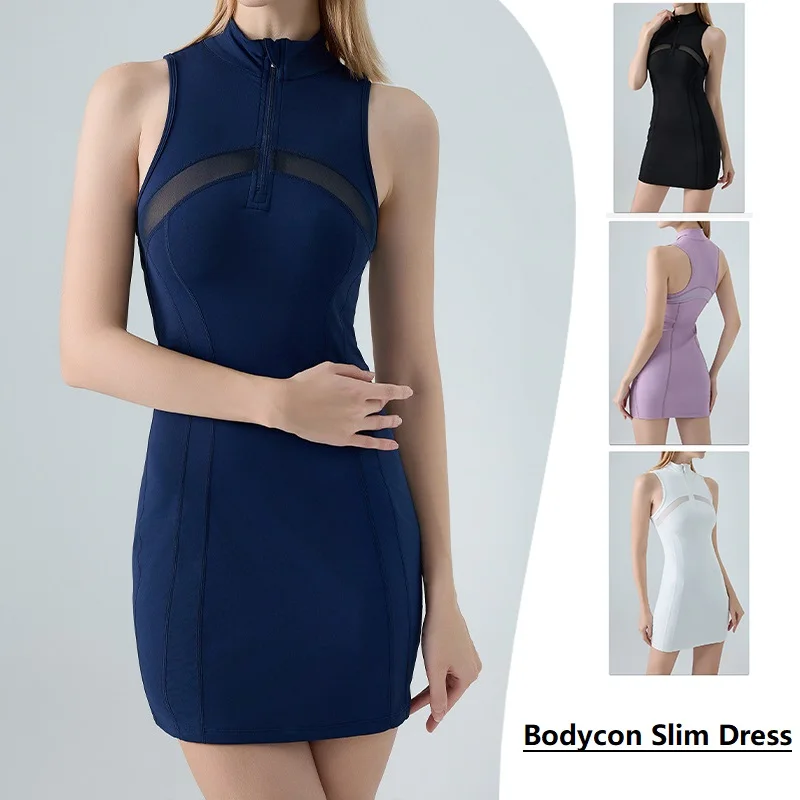 

Women Lapel Zipper Sleeveless Tennis Dress Ladies Bodycon Slim Casual Sport Golf Dress Breathable Pickleball Pecil Skirts