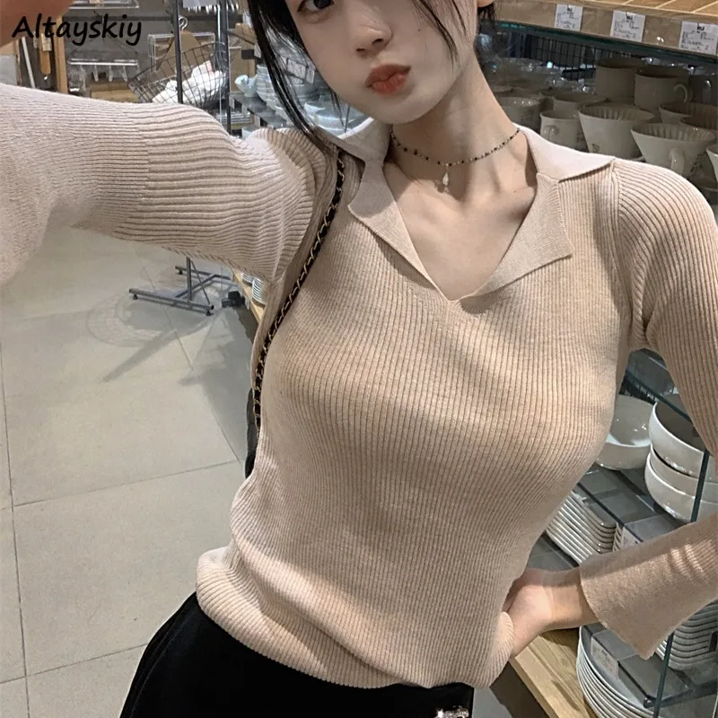 

Pullovers Women Autumn Graceful Mujer Temperament Solid Simple All-match Slimming Sexy Turn-down Collar Tops Inner Basic Daily