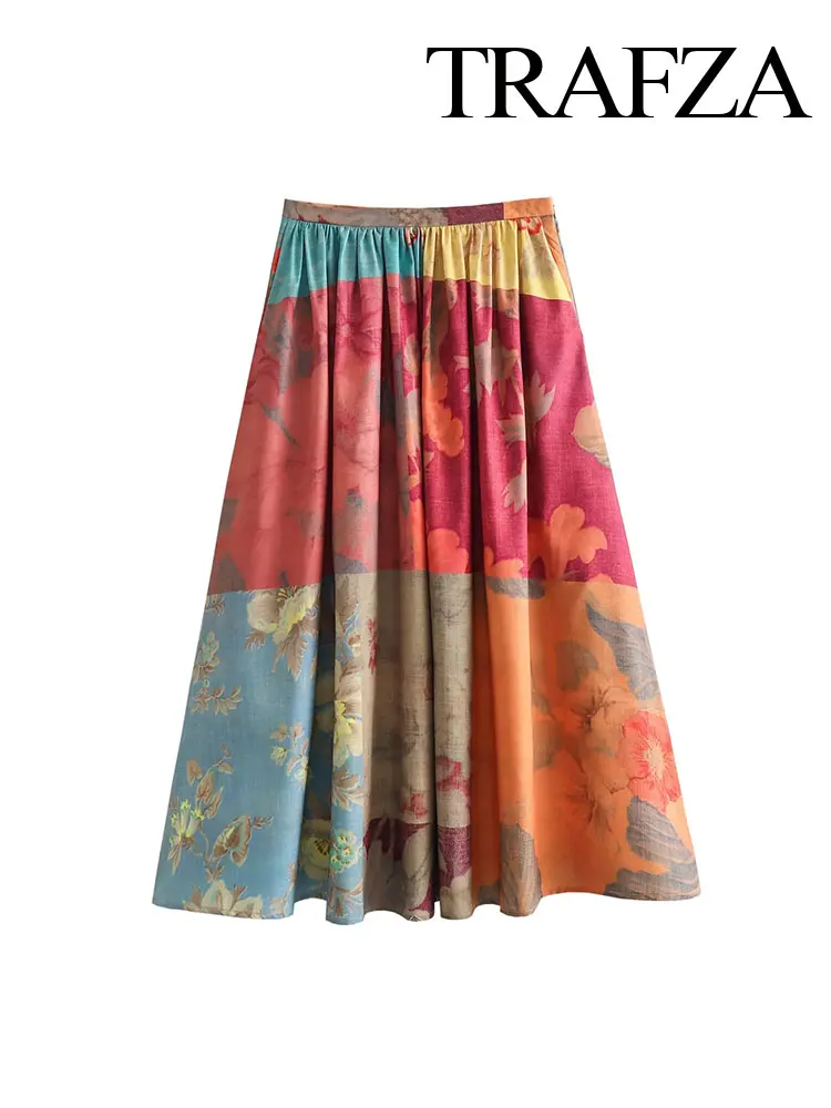 

TRAFZA Women's Summer Chic Floral Print Pleated Skirt High Waist Side Zip Style Elegant Women's Casual Skirt Side Pockets Skirt