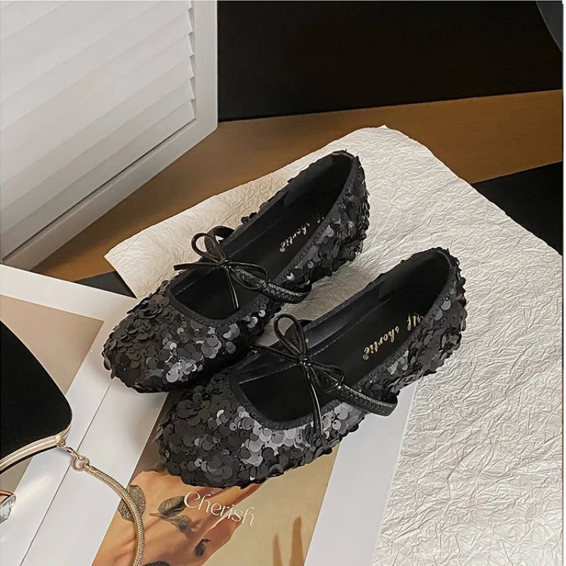 Picture 5: Women Bling Sequins Design Ballet Flat Shoes Women Sweet Bow Mary Jane Shoe Comfort Shallow Soft Sole Casual Shoes Zapatos Mujer
