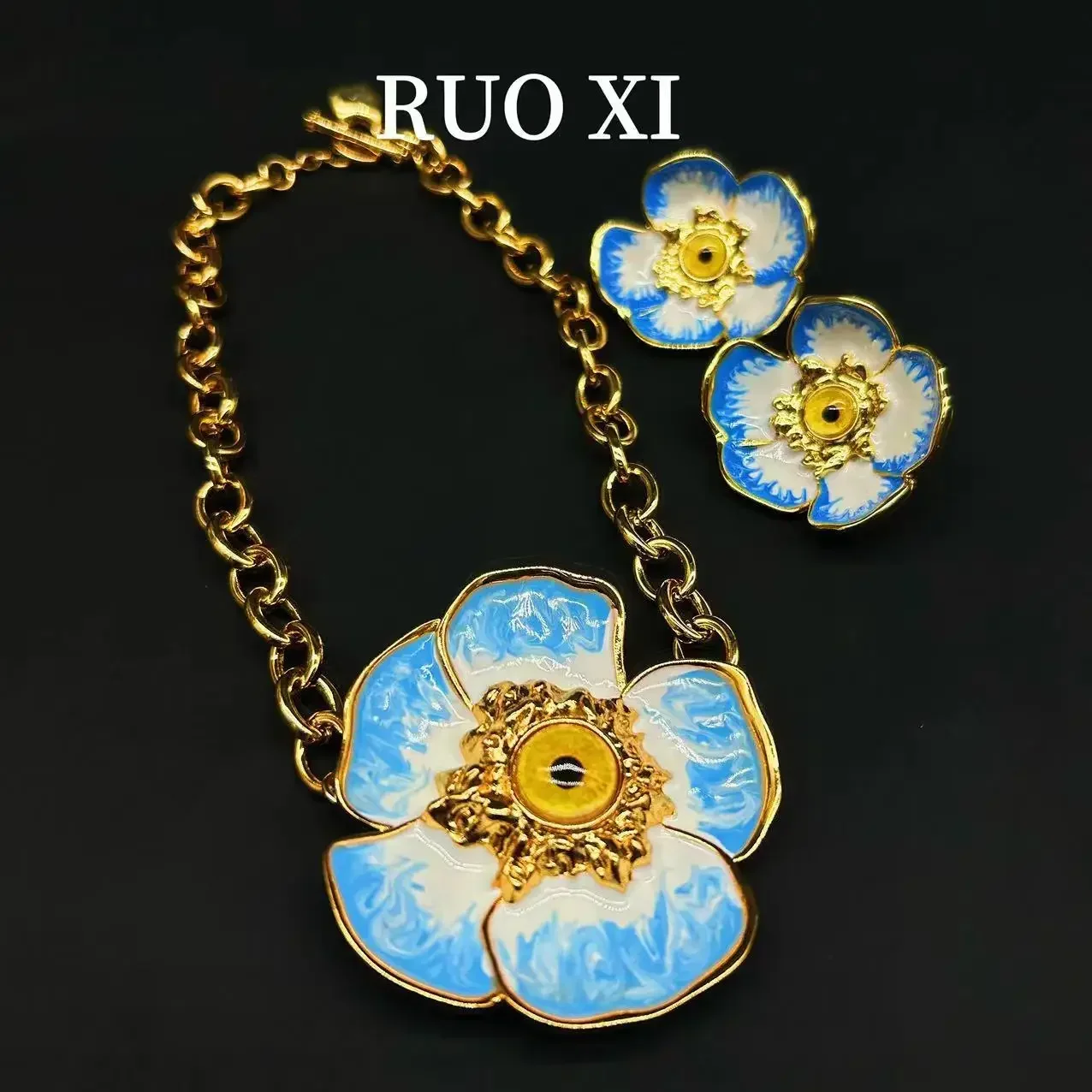 Jewelry Earrings for Girl Devil's Eye Enamel Colorful Gold Plated Flower High Grade Necklace Earrings Party Vintage Medieval