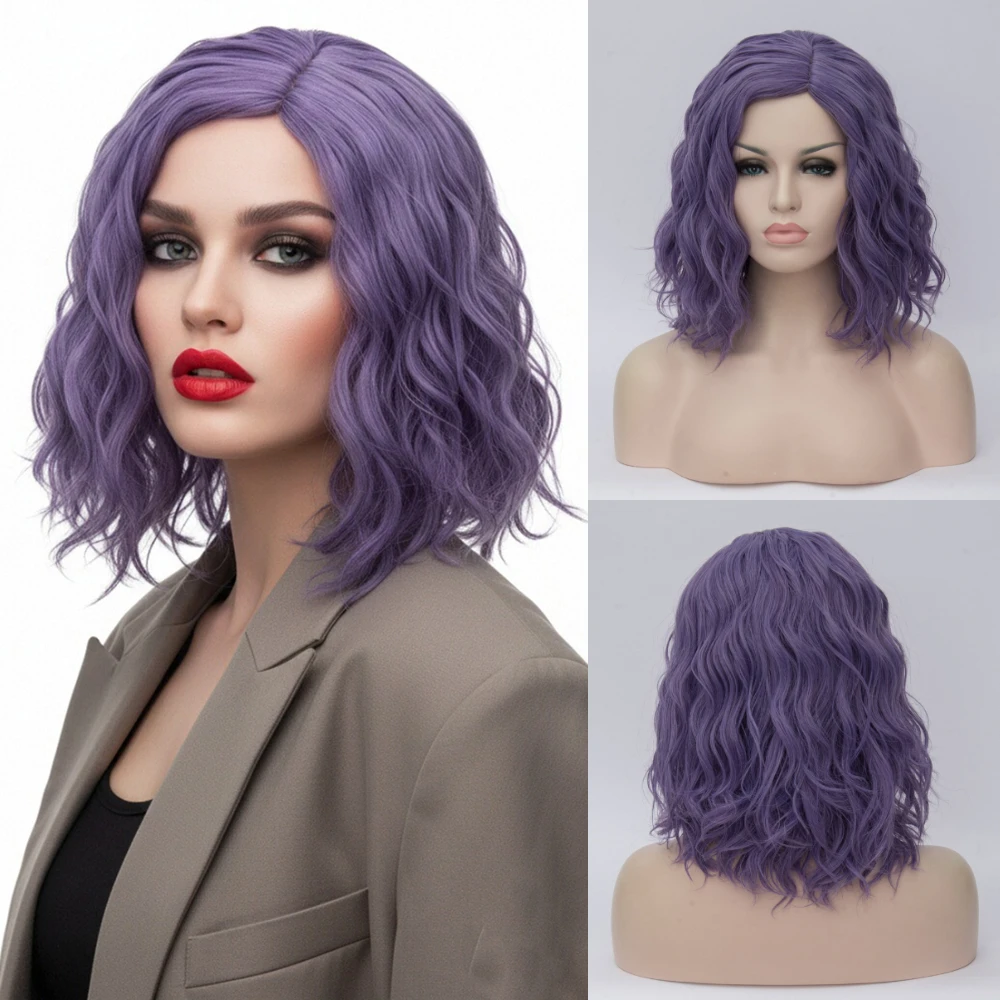 Heat Resistant Short Purple Fluffy Waves Synthetic Wig Women's for Anime Game Cosplay Daily Party