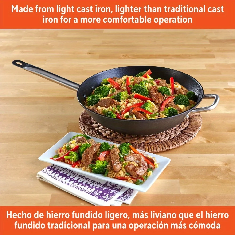 مقلاة من الحديد الزهر الخفيف مقاس 14 بوصة مع مقبض من الفولاذ المقاوم للصدأ