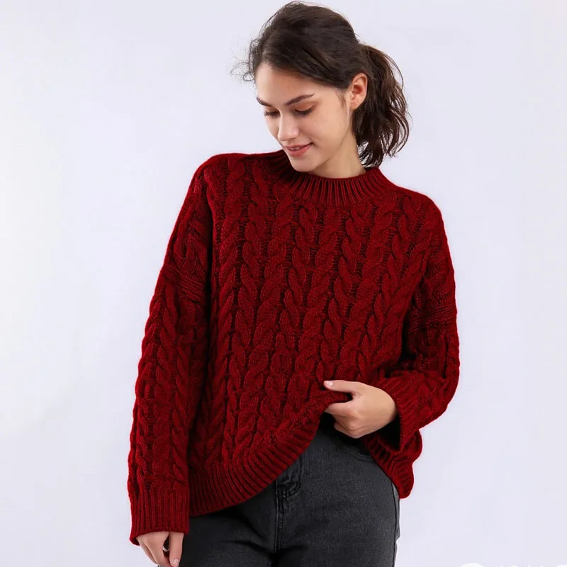 

Autumn and winter cherry twist women's sweater students, loose retro temperament round neck mid-length knitted pullover