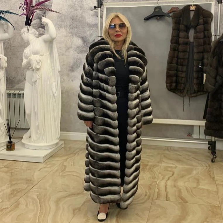 Luxury Real Fur Coat Women Real Rex Rabbit Fur Long Outcoat Winter Chinchilla Thick Outwear Female Natural Genuine Fur Overcoat