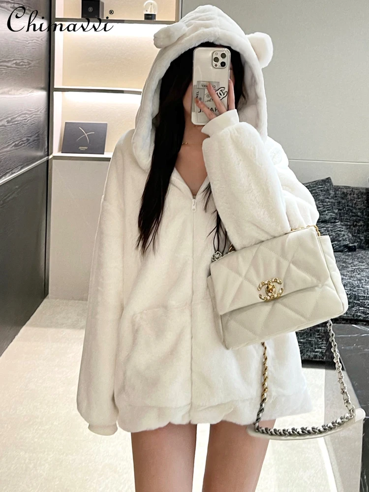 

Rabbit Fur Wool Coat Female Hot Girl Woolen Plush Tops All-Match Loose Hooded Cute Idle Style Jackets for Women Winter Clothes