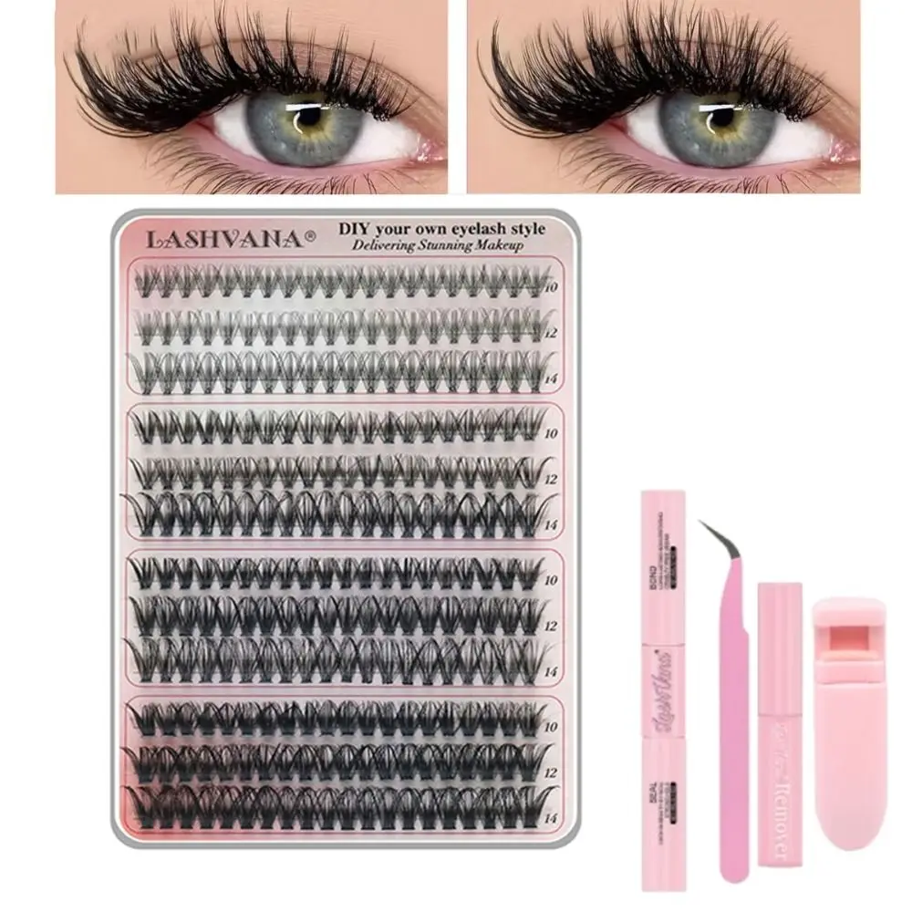 

3D False Eyelashes Set Natural Mix DIY Segmented Eyelashes Bundles Eyelash Curler with Glue Tweezer for 5Pcs